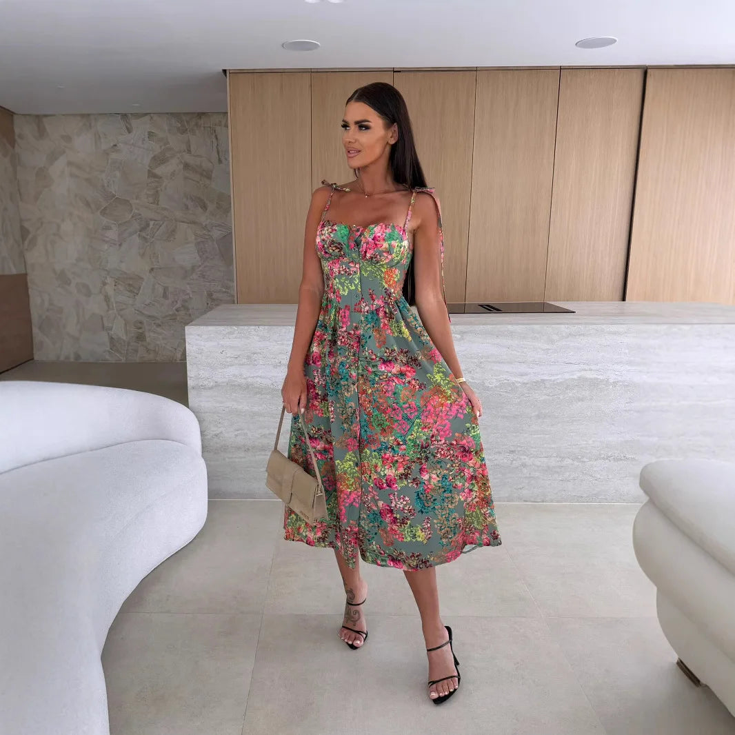 Robe d'Été Imprimée à Bretelles pour Femme – Robe Longue Fluide à Col en V avec Coussinets Intégrés