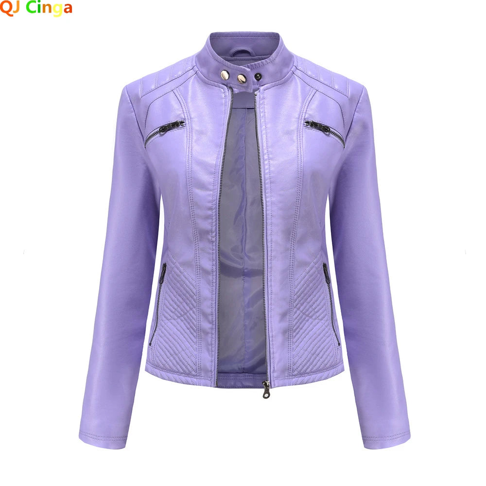 Nouvelle veste en PU pour femme, couleur lavande, manches longues, 2026, vestes en cuir de moto tendance, manteau rouge, vêtements d'extérieur noirs.