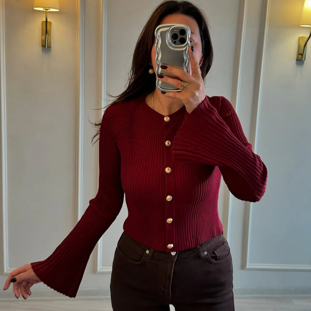 Cardigan Côtelé Ajusté à Manches Évasées pour Femme - Talenza