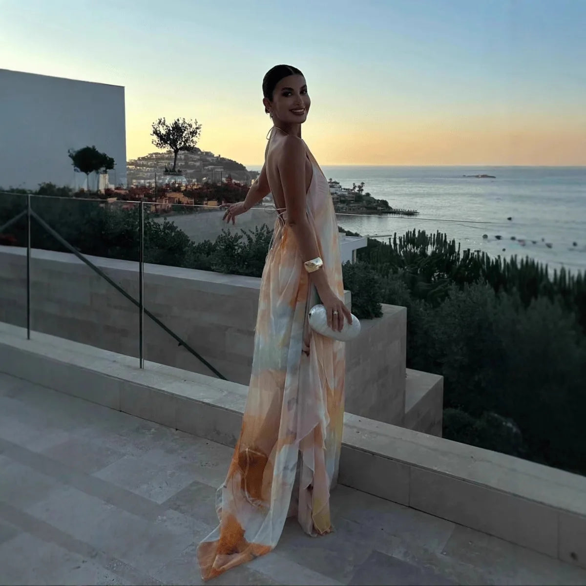 Robe longue imprimée à col licou pour femme, style sexy avec lacets au dos, idéale pour les vacances, la plage, ou comme tenue de bord de mer, Maxi Vestidos