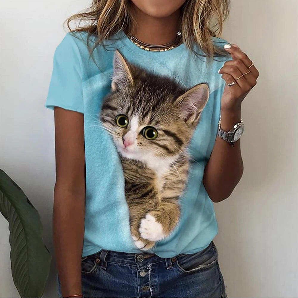 T-Shirt Chat 3D Kawaii Femme - Haut Y2K Respirant