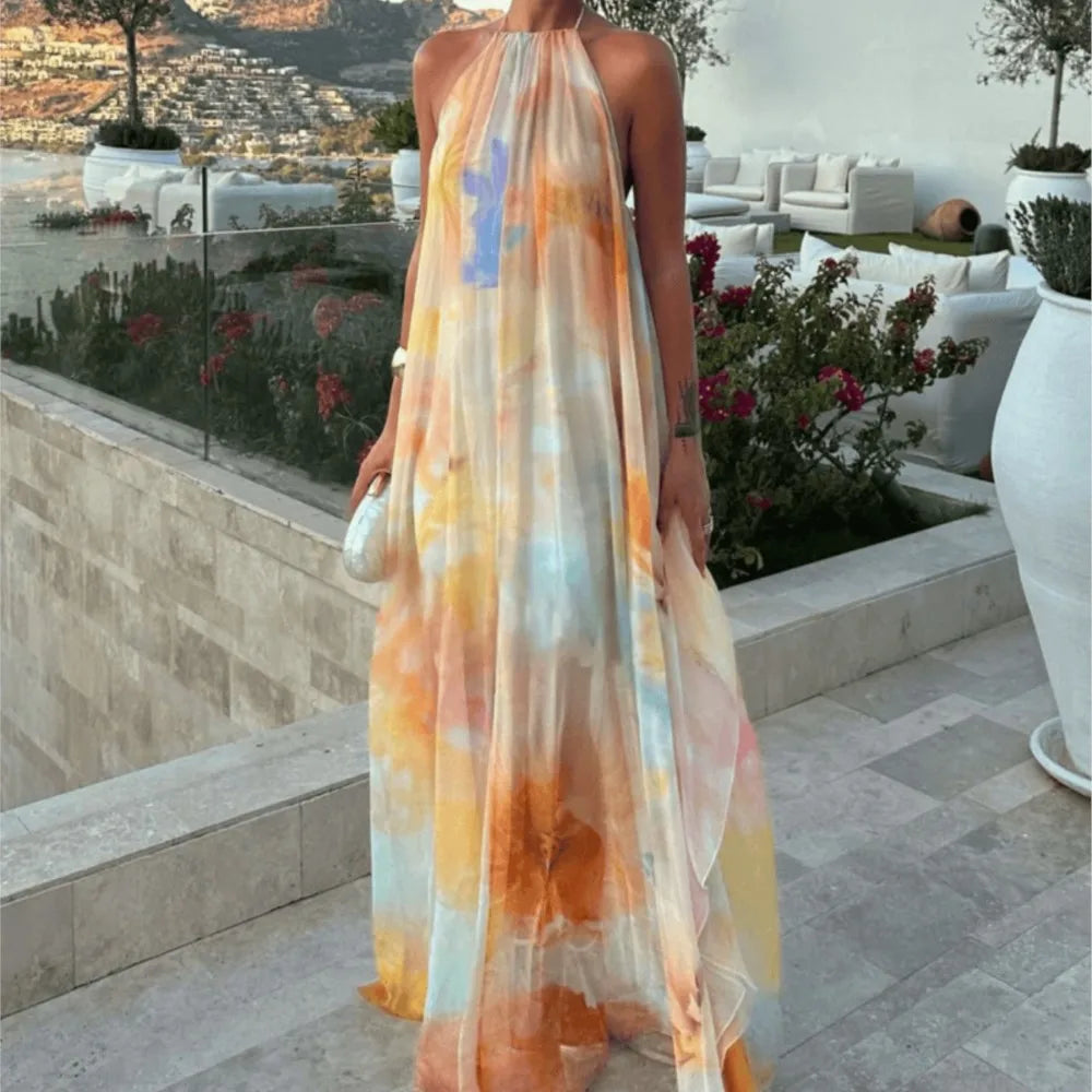Robe longue imprimée à col licou pour femme, style sexy avec lacets au dos, idéale pour les vacances, la plage, ou comme tenue de bord de mer, Maxi Vestidos