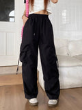 Jogging Cargo Ample Noir Taille Haute - Style Streetwear Vintage