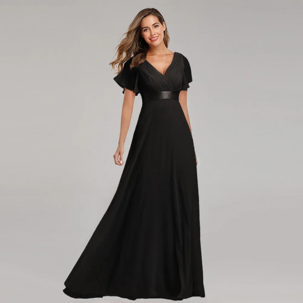 Robe de Soirée Grande Taille pour Femme – Robe de Fête Élégante en Mousseline à Col en V et Longueur au Sol
