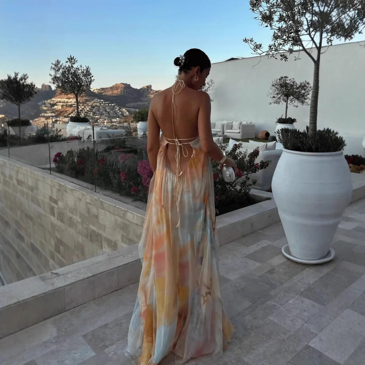 Robe longue imprimée à col licou pour femme, style sexy avec lacets au dos, idéale pour les vacances, la plage, ou comme tenue de bord de mer, Maxi Vestidos