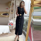HXAO 2025 robe noire robe d'été élégante décontractée mince robe de vacances col rond sans manches boutonné ceinture longue robes 066