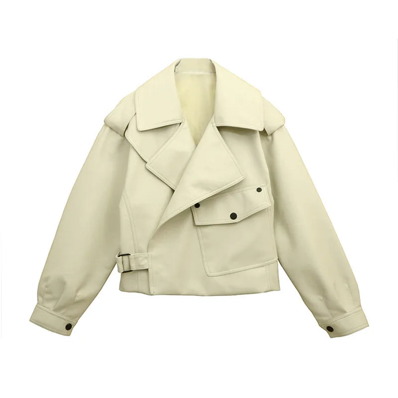 Femmes Pu Faux cuir manteaux veste col rabattu poches Vintage Moto Biker manteau vêtements d'extérieur femme automne 2025 Streetwear
