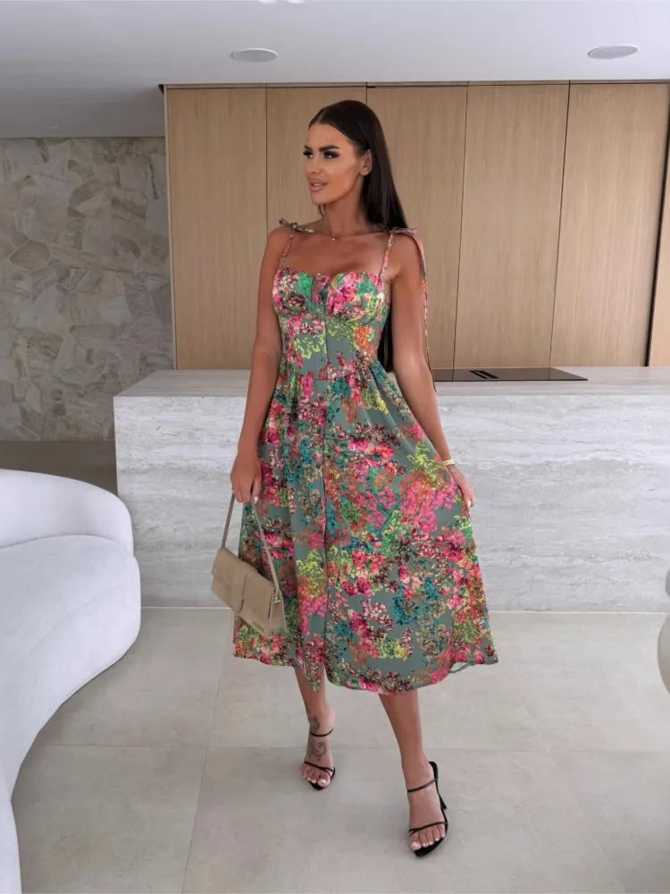 Robe d'Été Imprimée à Bretelles pour Femme – Robe Longue Fluide à Col en V avec Coussinets Intégrés