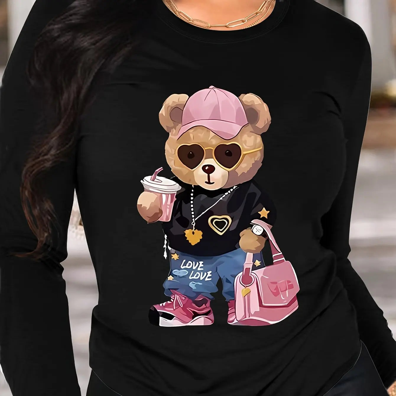 T-Shirt Manches Longues Ours 100% Coton - Haut Ample Femme