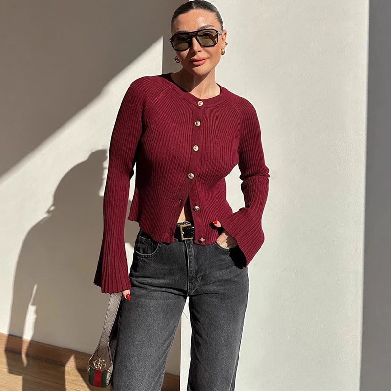 Cardigan Côtelé Ajusté à Manches Évasées pour Femme - Talenza