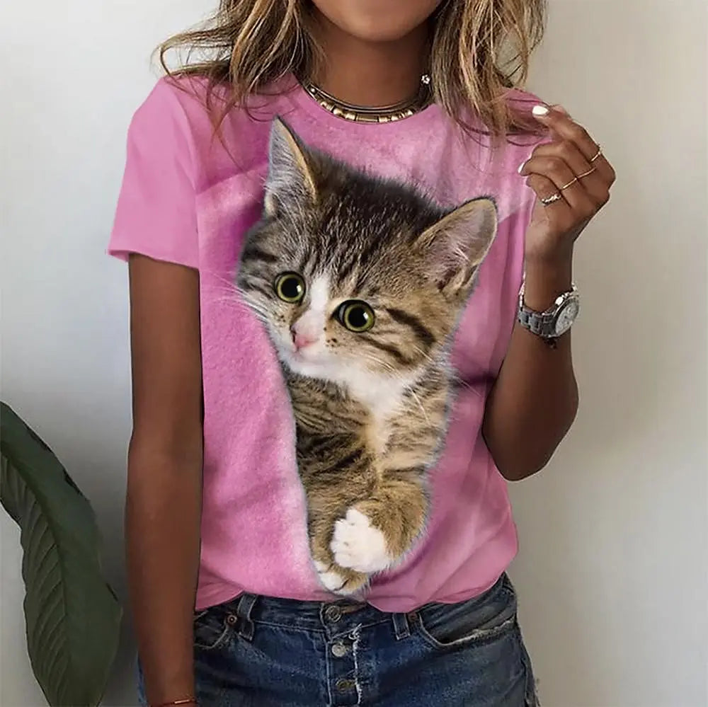 T-Shirt Chat 3D Kawaii Femme - Haut Y2K Respirant