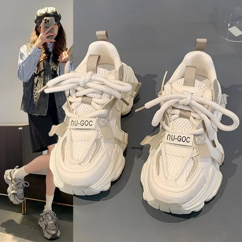 Baskets épaisses en maille respirante pour femmes, chaussures de sport à plateforme, semelle optique à lacets, mode décontractée, 2024