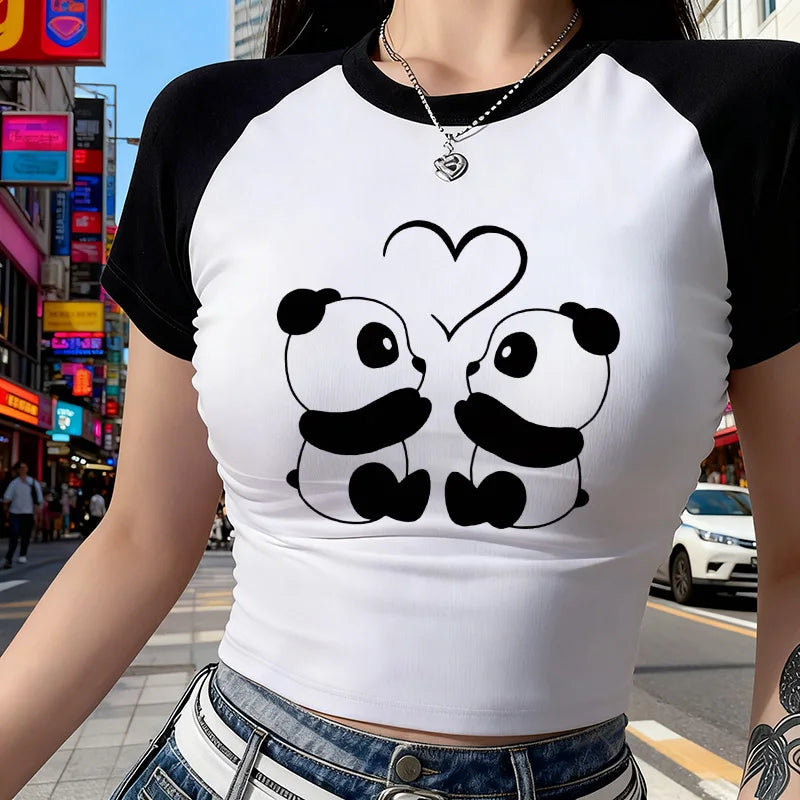 Crop Top Panda et Cœur Y2K - T-Shirt Court Graphique