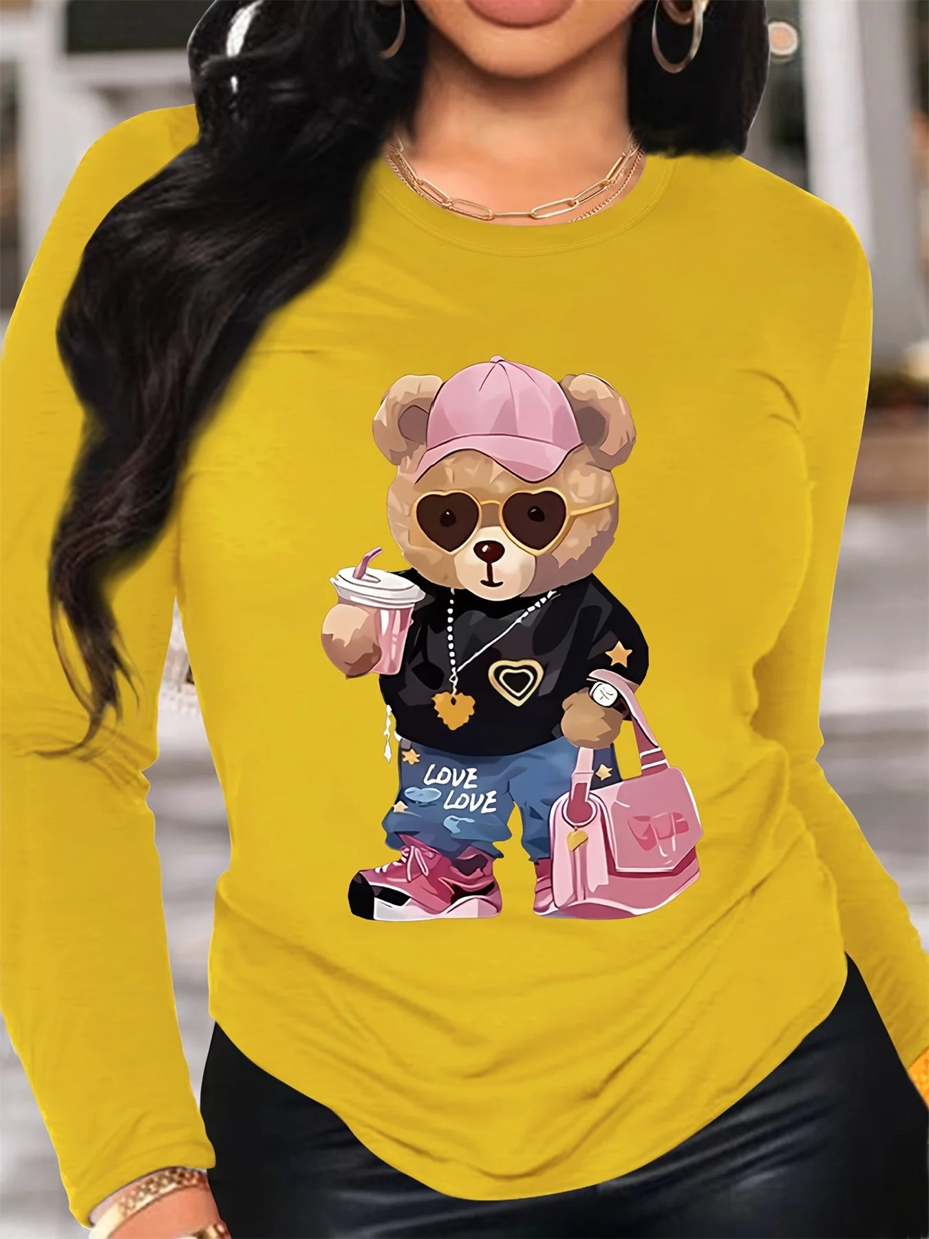 T-Shirt Manches Longues Ours 100% Coton - Haut Ample Femme