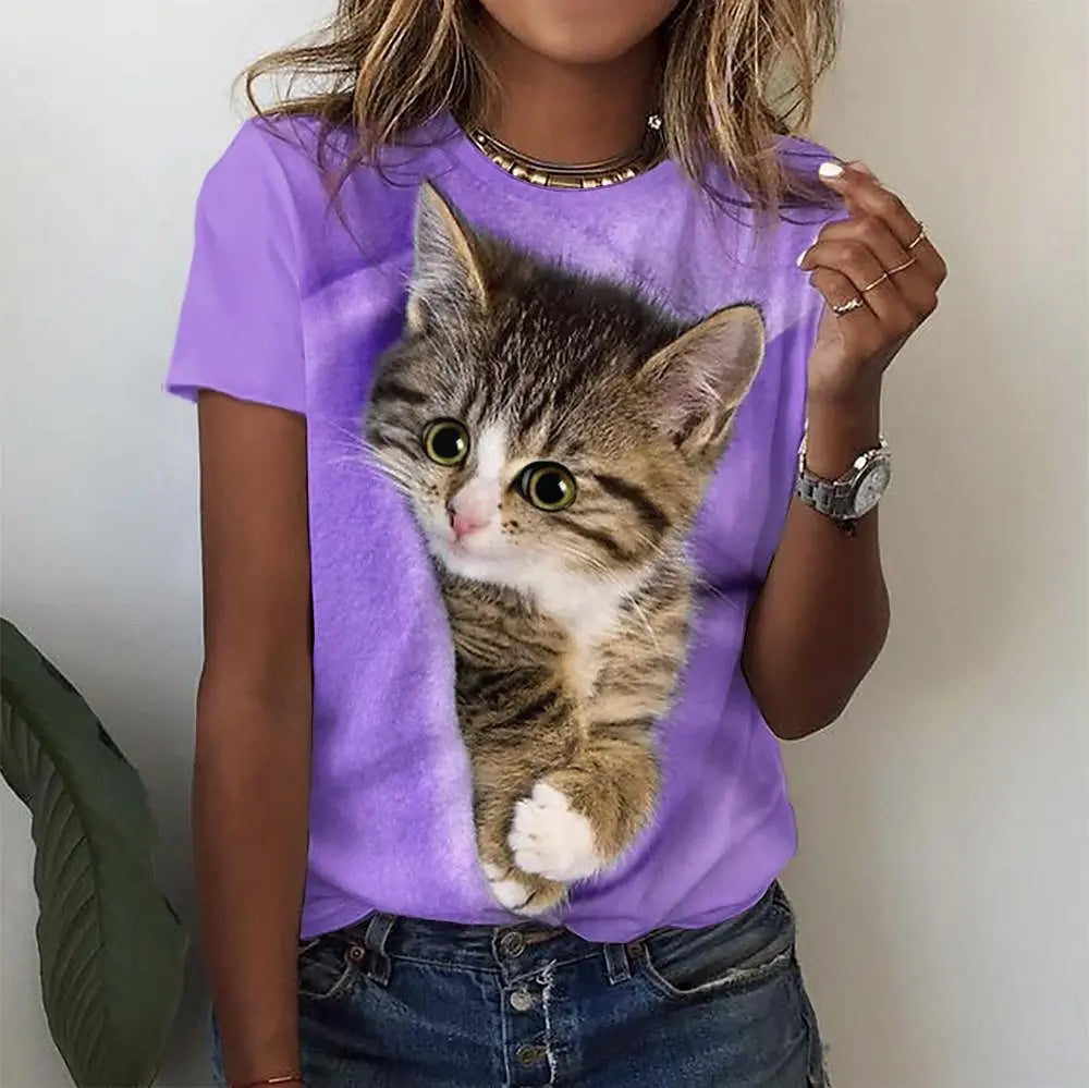 T-Shirt Chat 3D Kawaii Femme - Haut Y2K Respirant