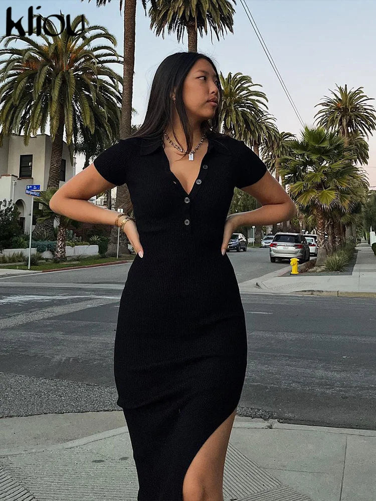Robe Maxi Moulante pour Femme Kliou – Robe Élégante Style Bureau et Streetwear à Col Rabattu et Fente Latérale