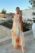 Robe longue imprimée à col licou pour femme, style sexy avec lacets au dos, idéale pour les vacances, la plage, ou comme tenue de bord de mer, Maxi Vestidos