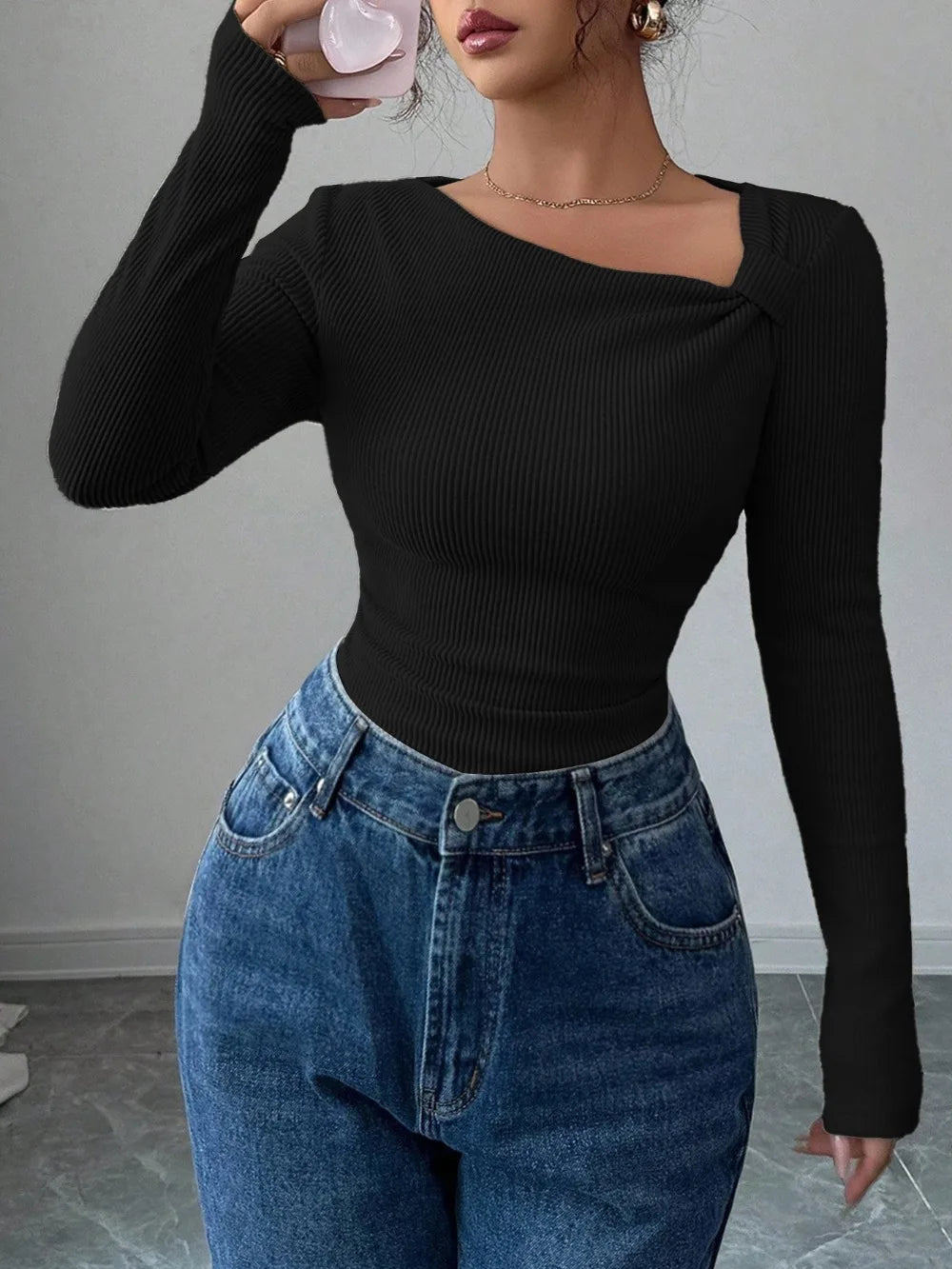 T-Shirt Asymétrique Plissé Femme - Haut Manches Longues