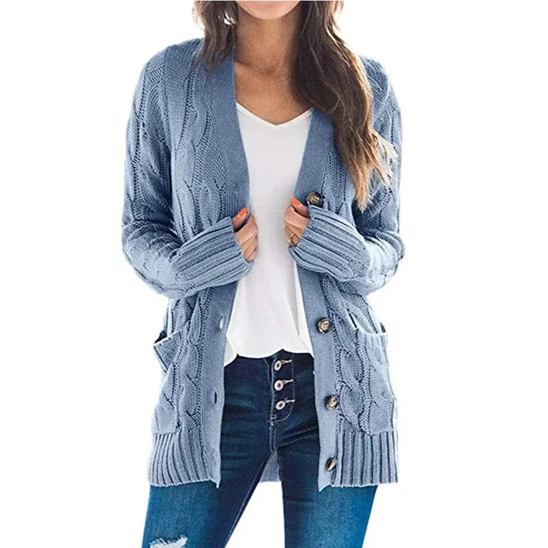 Cardigan Torsadé Bleu Clair à Poches pour Femme - INPETAL