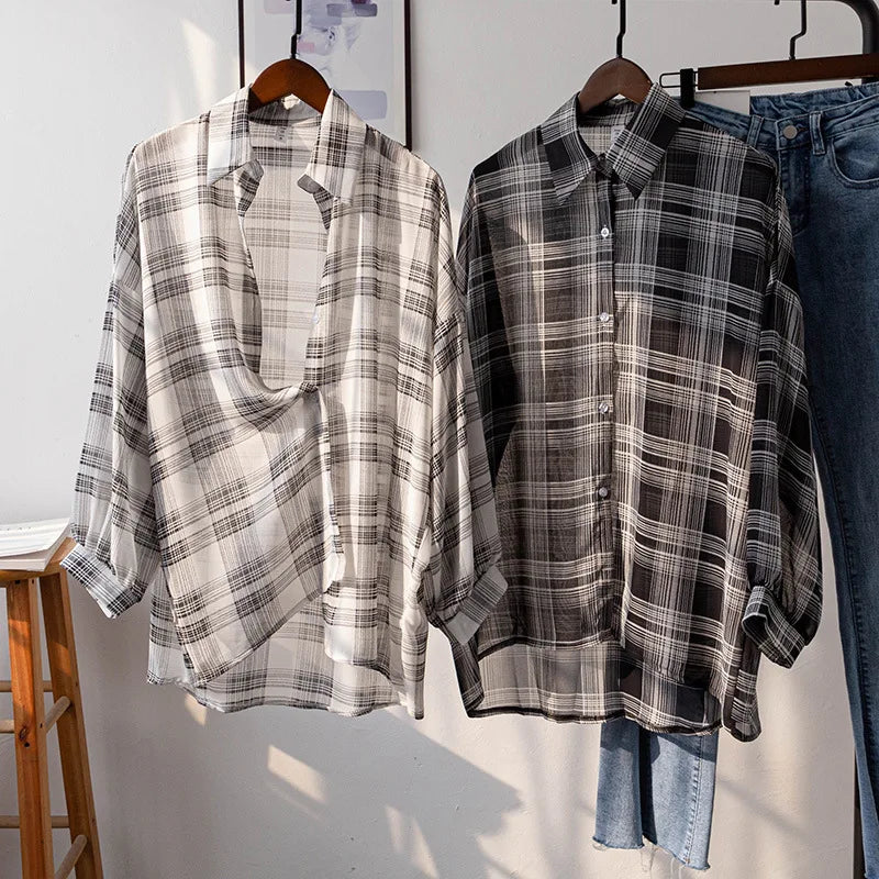 Chemise à Carreaux en Mousseline Légère pour Femme – Look d'Été Décontracté Fictitni