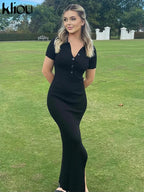 Robe Maxi Moulante pour Femme Kliou – Robe Élégante Style Bureau et Streetwear à Col Rabattu et Fente Latérale