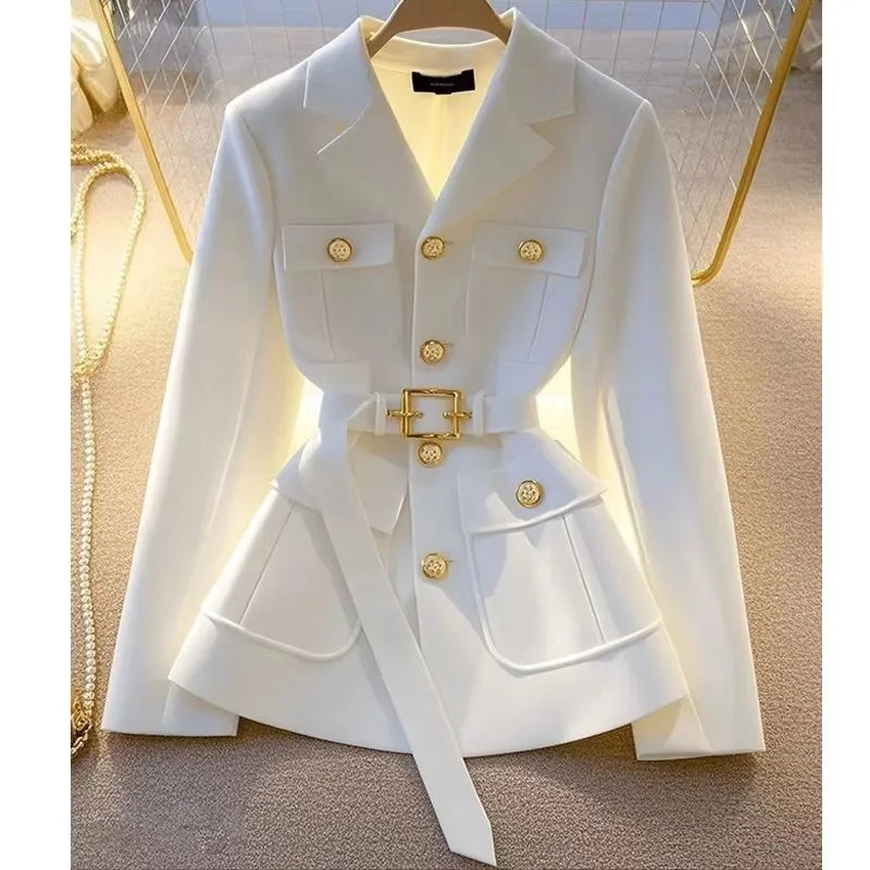 Manteau Blazer Ajusté Ceinturé pour Femme – Veste de Bureau Chic à Simple Boutonnage