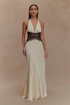 Robe Maxi Dos Nu pour Femme – Robe Longue de Soirée Satinée à Col en V Profond et Patchwork de Dentelle
