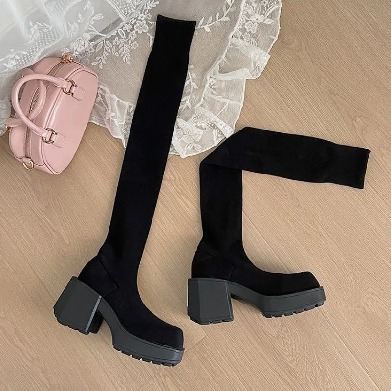 Cuissardes Chaussettes Extensibles à Talon Épais – Look Élégant d'Hiver