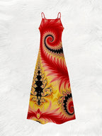 Robe d'Été Trapèze pour Femme – Robe Longue Décontractée à Imprimé Spirale Fractale Rouge Jaune et Noir