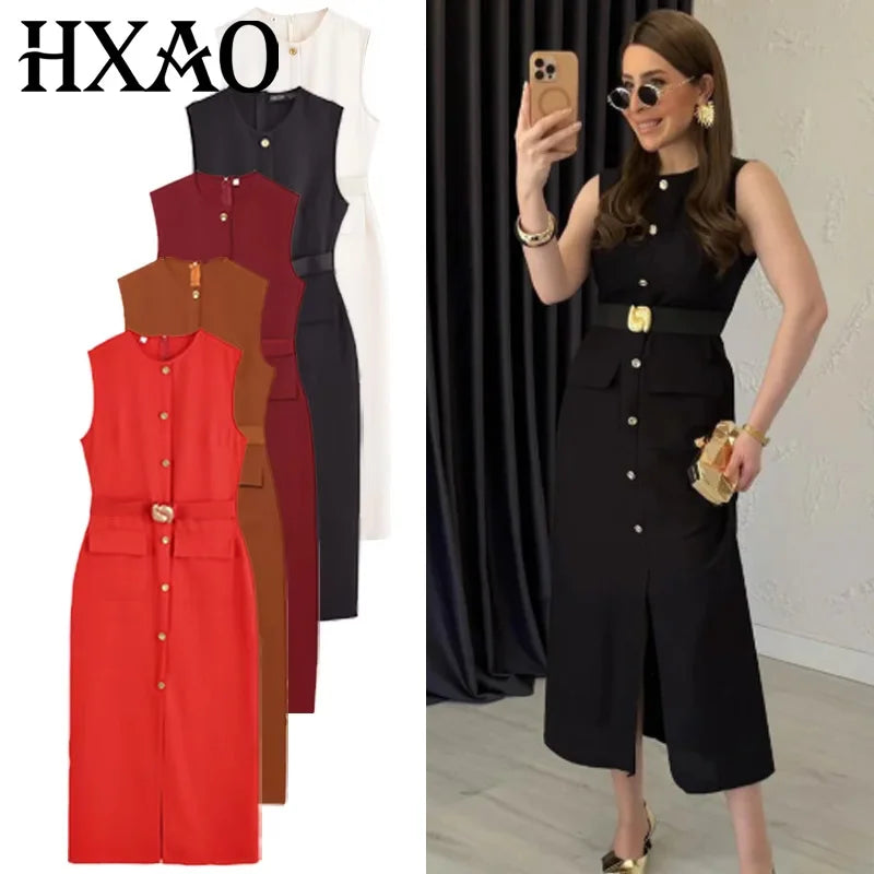 HXAO 2025 robe noire robe d'été élégante décontractée mince robe de vacances col rond sans manches boutonné ceinture longue robes 066