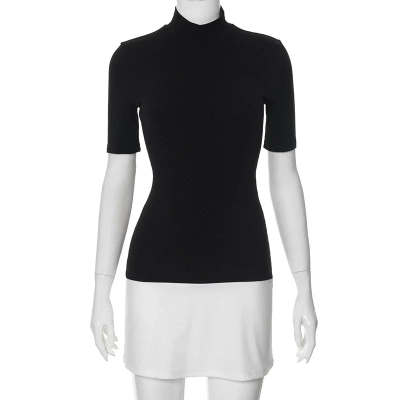 Robe élégante à col roulé pour femmes, demi-manches, mini streetwear, vêtements éducatifs pour femmes, batterie de documents d'abonnés, été, Y2k
