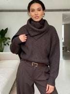 Pull Chic Marron à Col Écharpe – Élégance Bureau & Quotidien