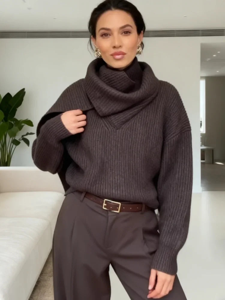 Pull Chic Marron à Col Écharpe – Élégance Bureau & Quotidien