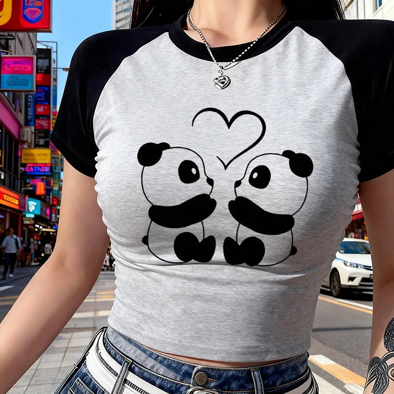 Crop Top Panda et Cœur Y2K - T-Shirt Court Graphique