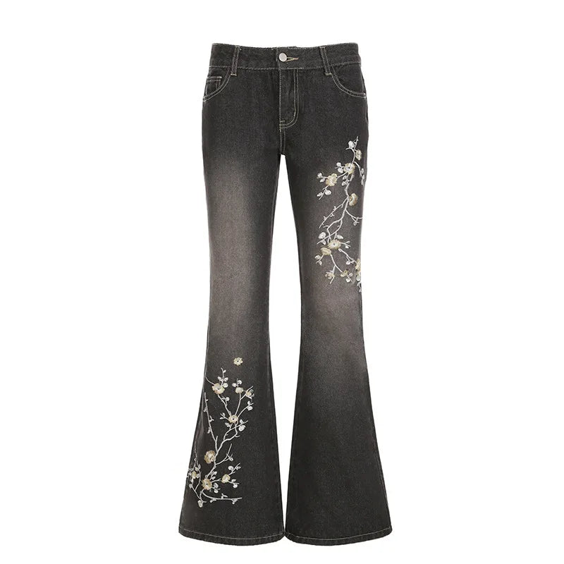 Jean Évasé Taille Basse Y2K à Broderie Florale - Style Rétro Vintage
