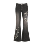 Jean Évasé Taille Basse Y2K à Broderie Florale - Style Rétro Vintage