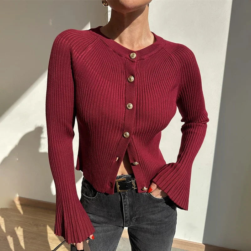 Cardigan Côtelé Ajusté à Manches Évasées pour Femme - Talenza