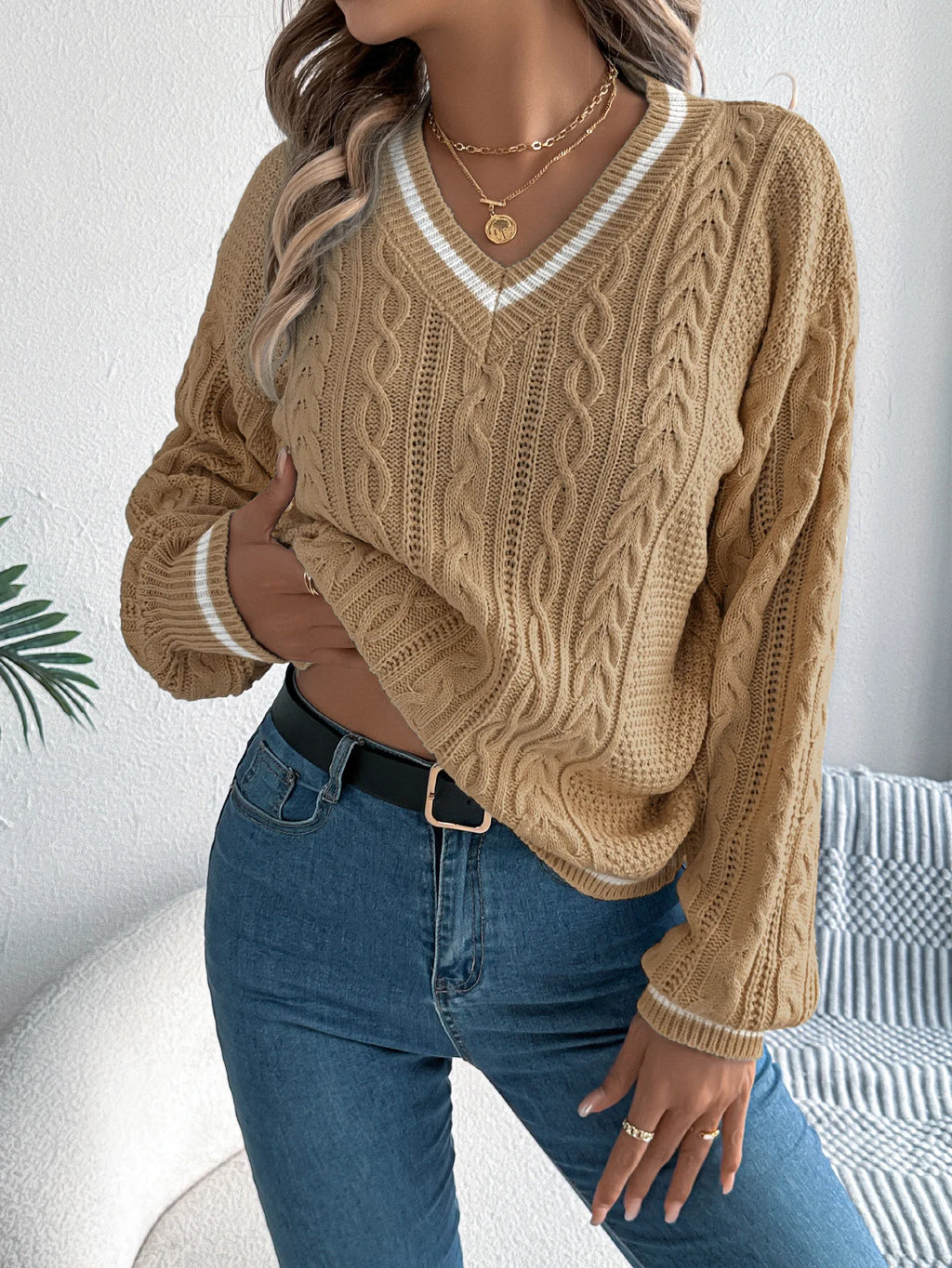 Pull en Tricot Torsadé Col V pour Femme – Style Décontracté & Chic
