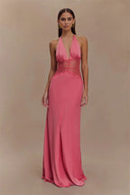 Robe Maxi Dos Nu pour Femme – Robe Longue de Soirée Satinée à Col en V Profond et Patchwork de Dentelle