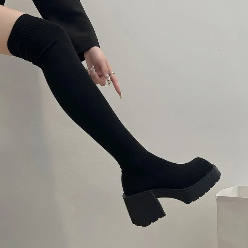 Taille 35-40 hiver femmes sur le genou chaussettes bottes Stretch tricoté talons épais bottes longues femme sans lacet plate-forme chaussures