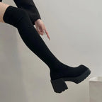 Taille 35-40 hiver femmes sur le genou chaussettes bottes Stretch tricoté talons épais bottes longues femme sans lacet plate-forme chaussures