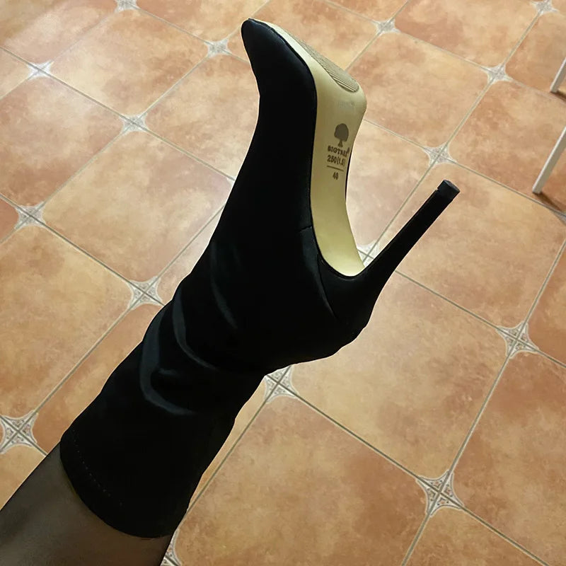 Femmes 7.5cm 10cm talons hauts chaussettes en soie bottes vert talons bas bottines courtes dame strip-teaseuse hiver bout pointu Satin chaussures Sexy