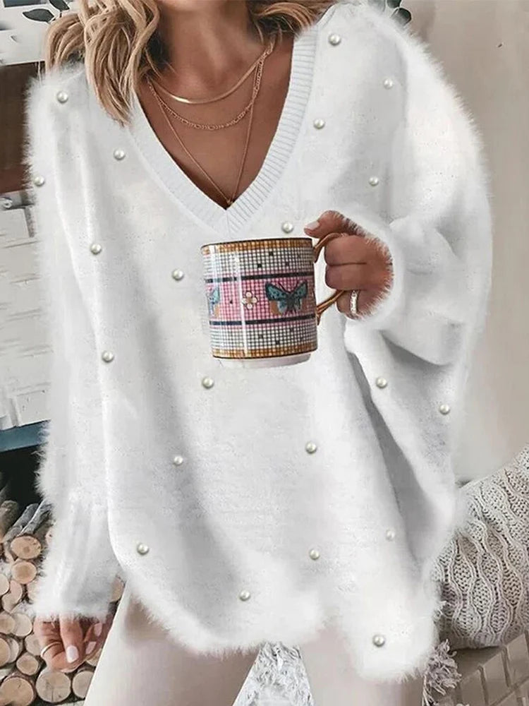 Pull Oversize Col en V en Maille Côtelée pour Femme